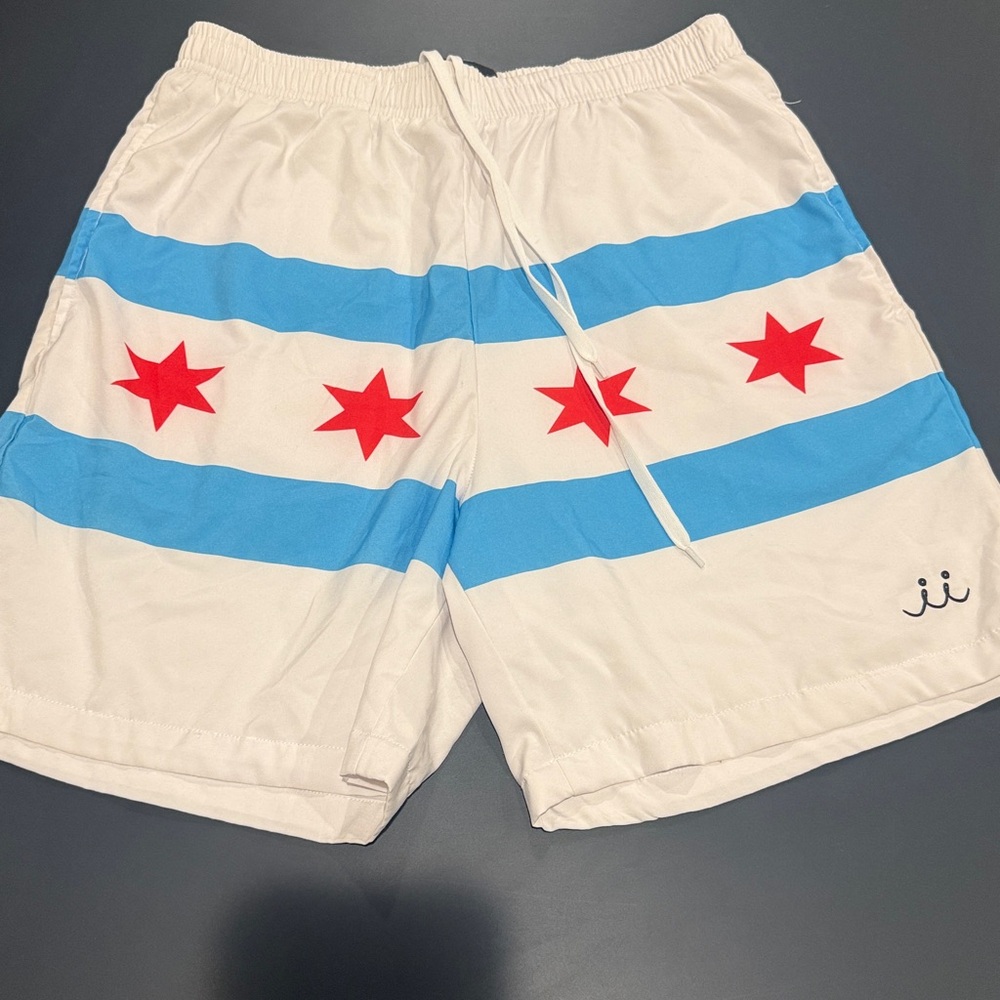 White and Blue Swim Shorts with Red Stars chicago flad